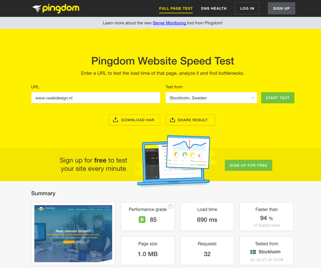 Snelheid van website testen Pingdom